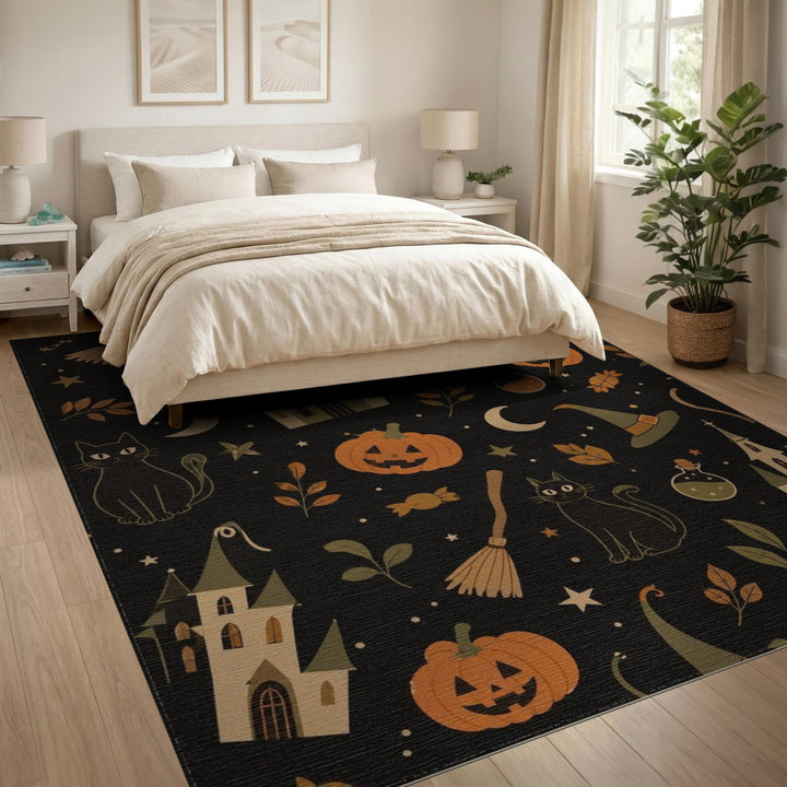 Kids Cartoon Halloween Black Cat Pumpkin Area Rug