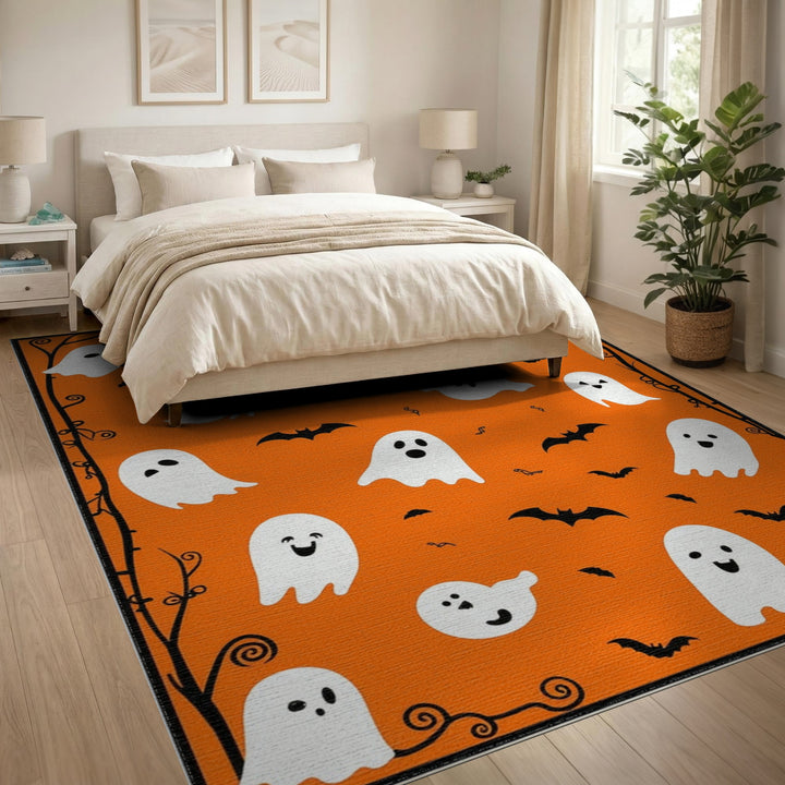 Ghosts and Bats Orange Halloween Kids Area Rug
