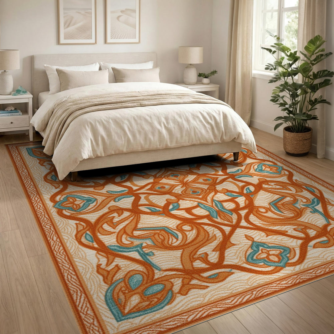 ODIKA Orange Teal Floral Vintage Area Rug