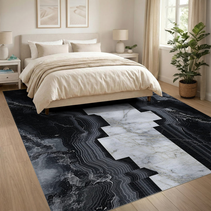 Black and White Black White Marble Geometric Area Rug