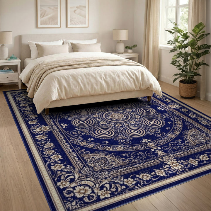 Navy Blue Floral Vintage Area Rug