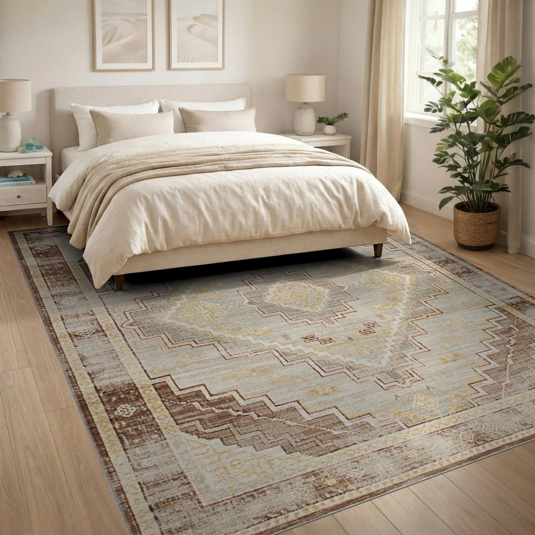 Brown and Tan Distressed Vintage Brown Geometric Area Rug