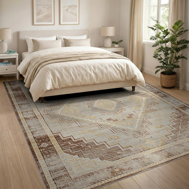 Brown and Tan Distressed Vintage Brown Geometric Area Rug