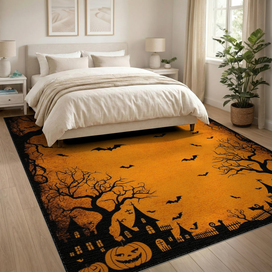 Halloween Bats Haunted House Orange Area Rug