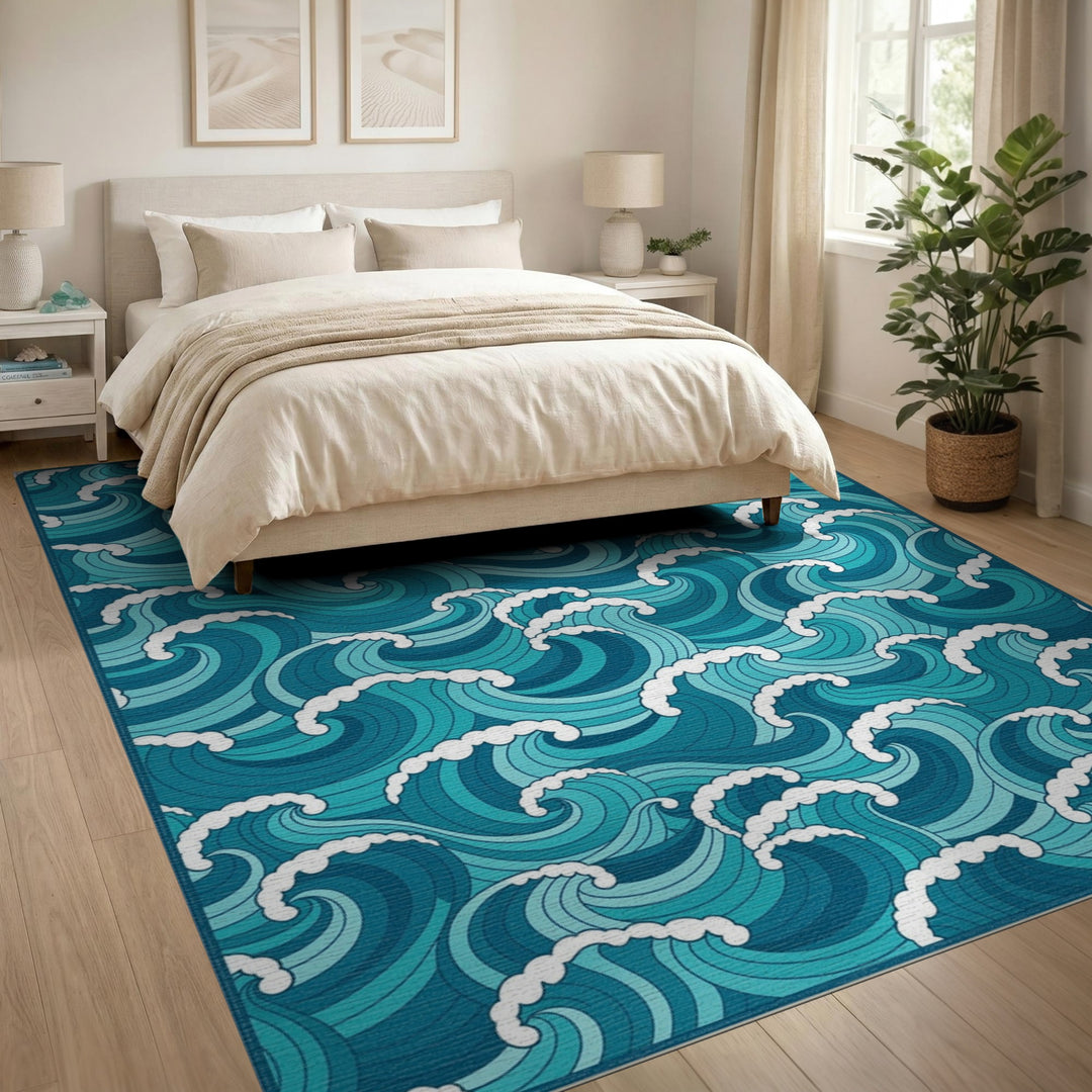 Blue and Teal Coastal Beach Blue Teal Ocean Wave Area Rug