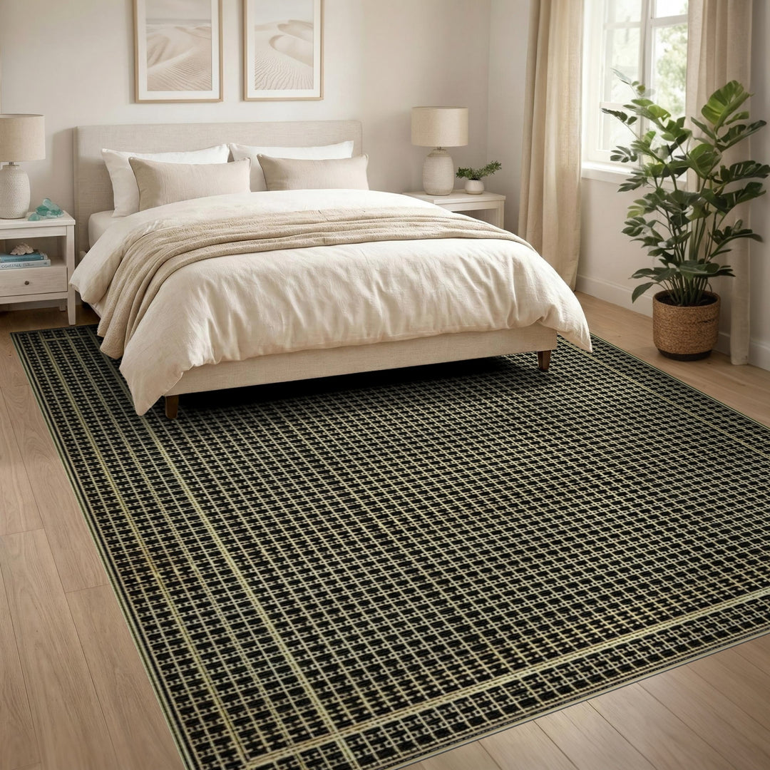 Black Geometric Grid Area Rug