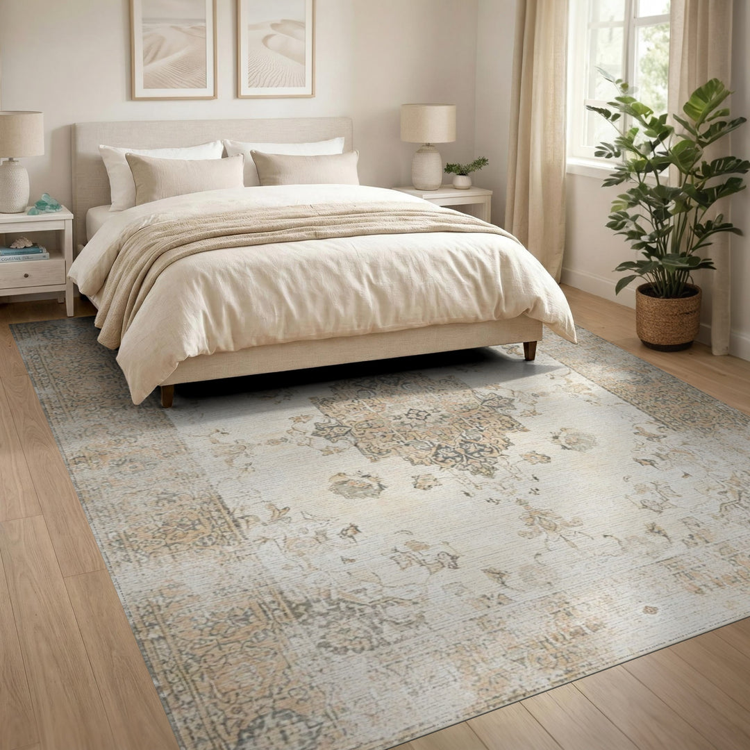 Distressed Vintage Beige Medallion Rug
