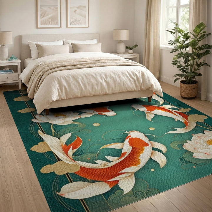 Blue and Teal Koi Lotus Teal Washable Area Rug
