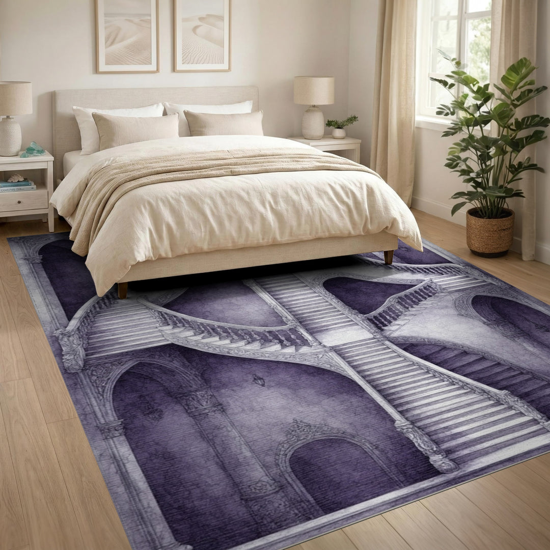 Purple Ornate Staircase Distressed Rug