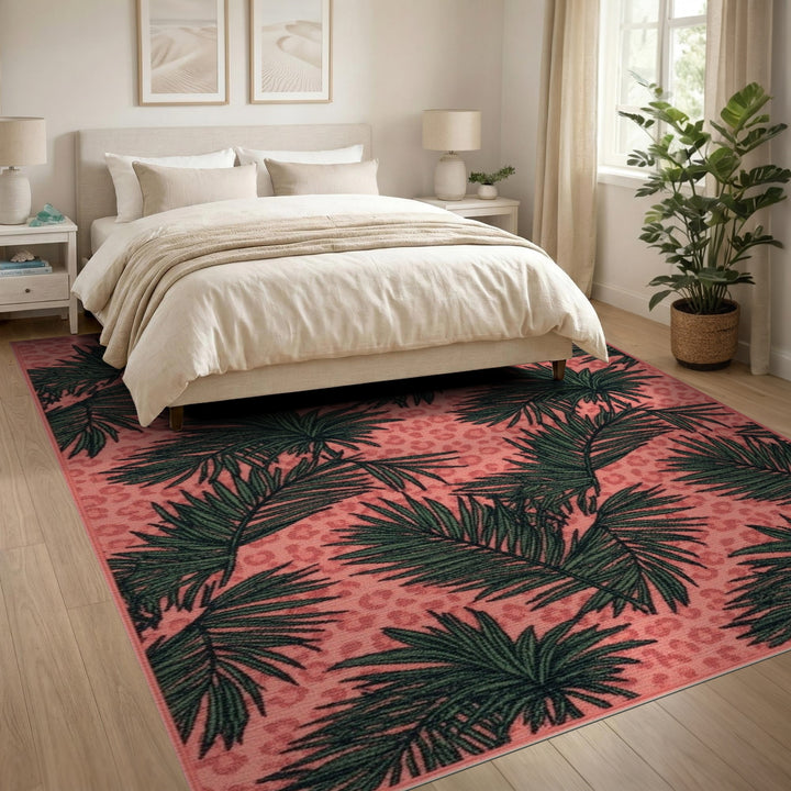 Pink Palm Leaf Leopard Area Rug
