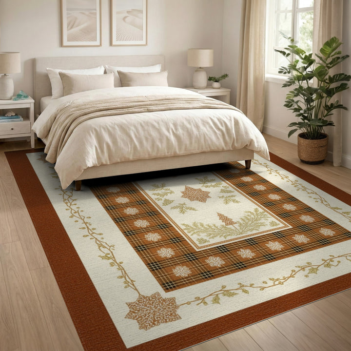 Brown Plaid Christmas Snowflake Area Rug