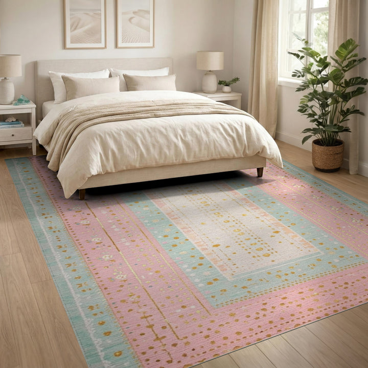 Pink Boho Chic Area Rug with Gold Accents