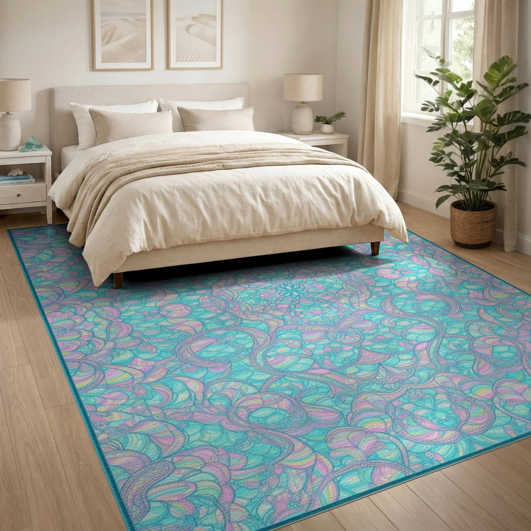 Teal Boho Floral Swirl Area Rug