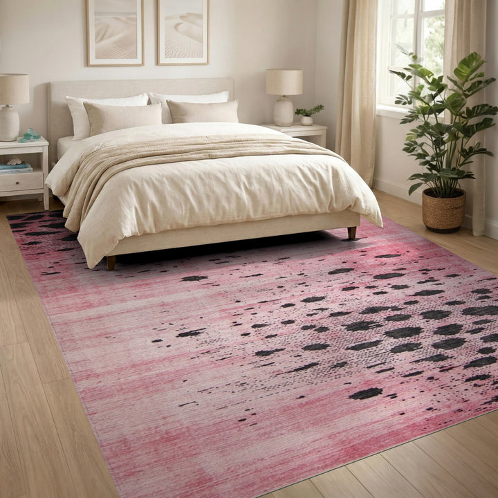 Pink Abstract Area Rug with Black Spots