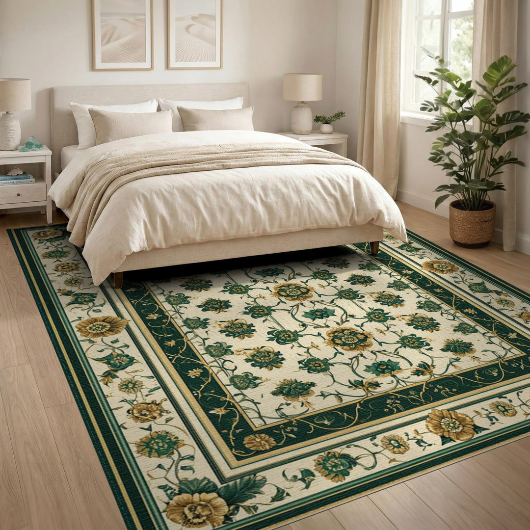 Green Floral Vintage Area Rug
