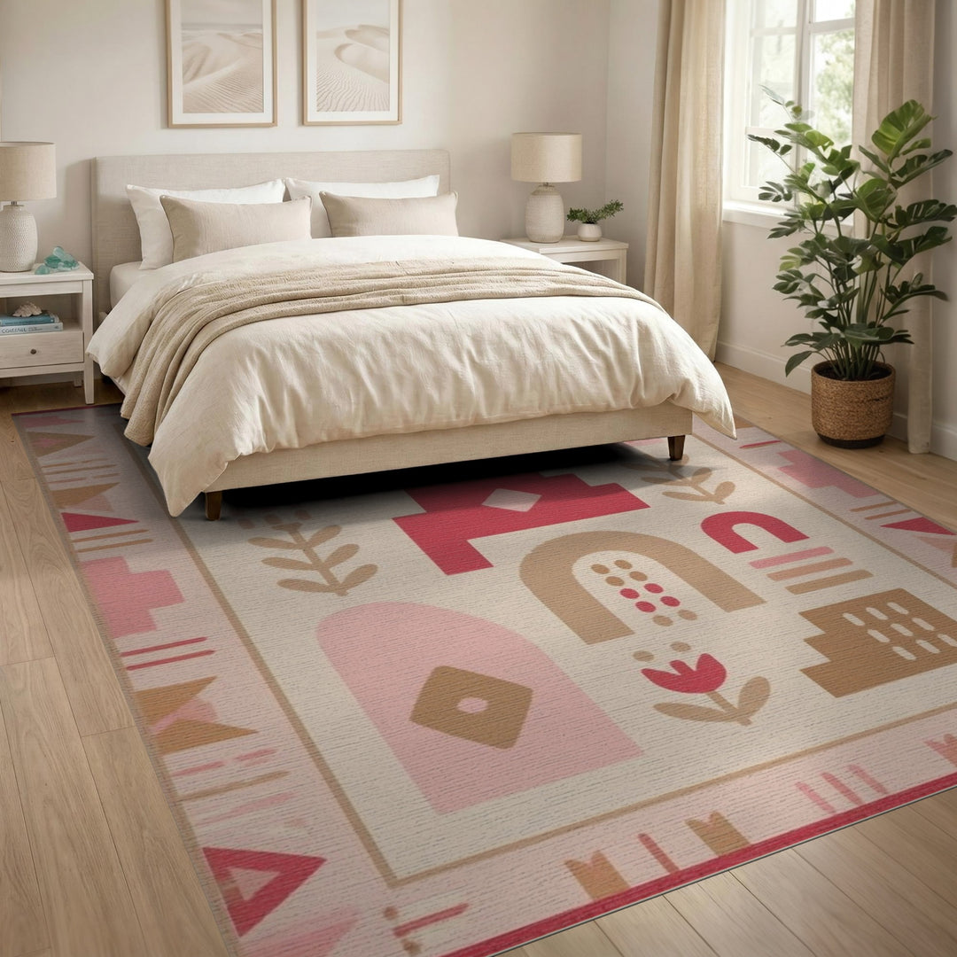 Pink Geometric Modern Washable Area Rug