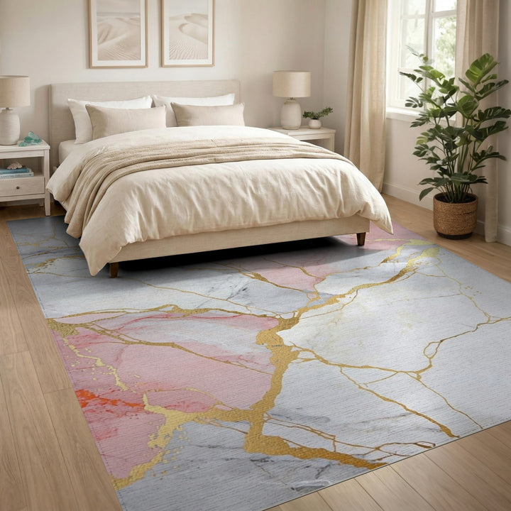 Pink Marble Gold Vein Washable Pink Area Rug