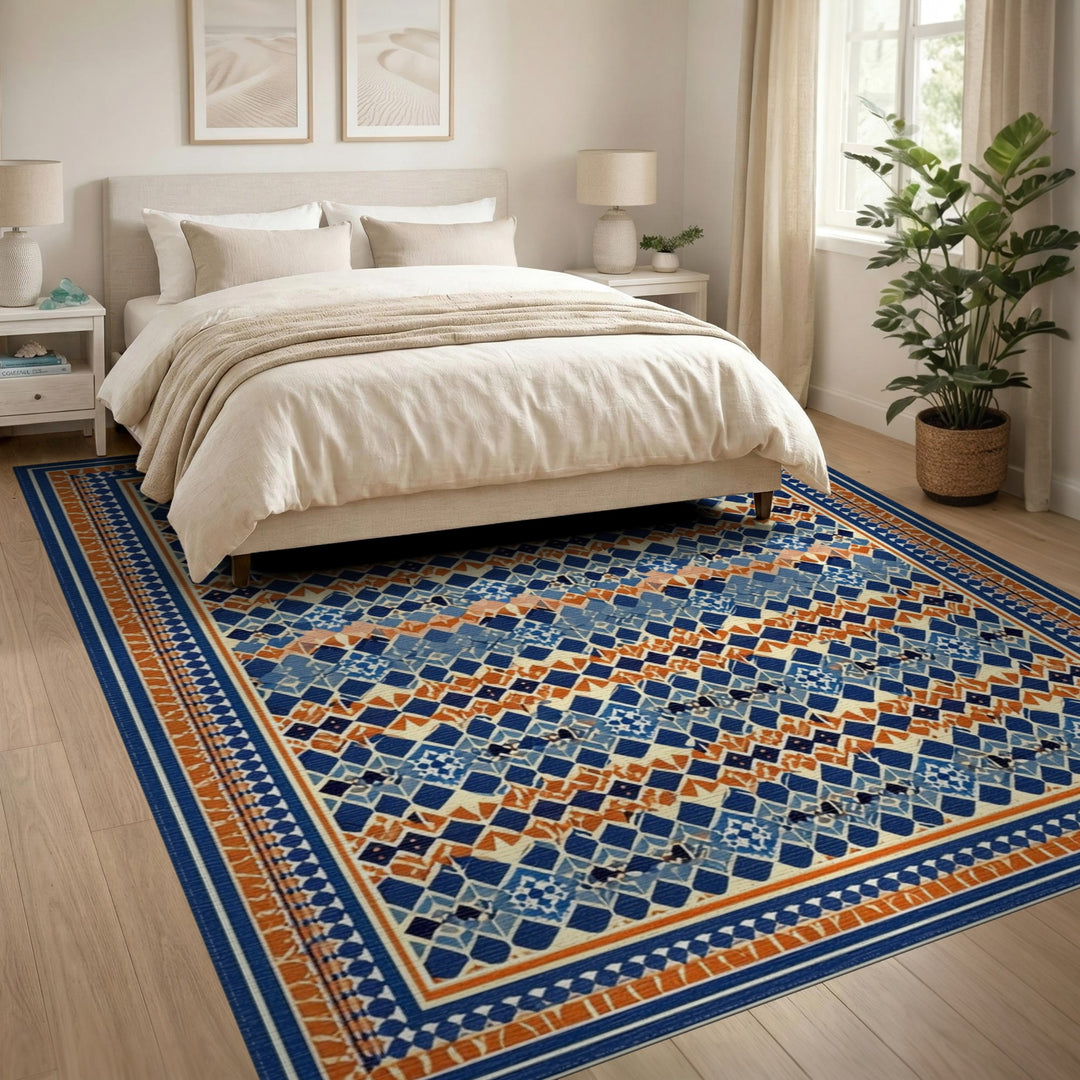 Blue Orange Geometric Diamond Area Rug