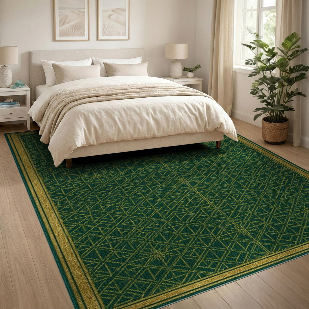 Green Gold Geometric Lattice Area Rug