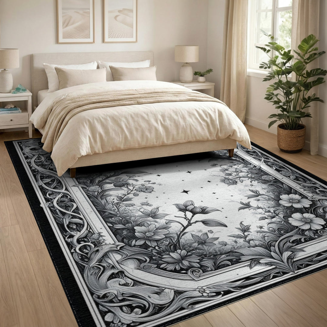 Black and White Celestial Floral Black White Area Rug