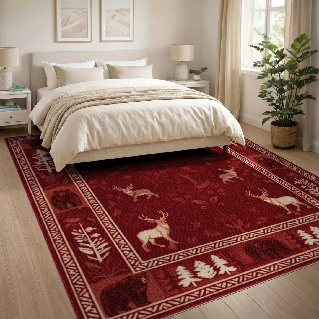 Red Rustic Bear Deer Woodland Area Rug