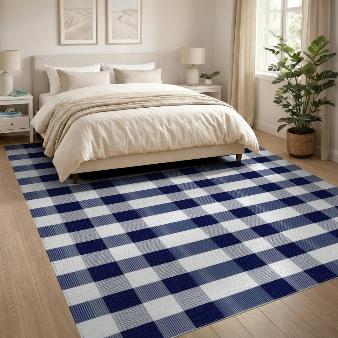 Navy Geometric Modern Navy Blue Checkered Washable Area Rug