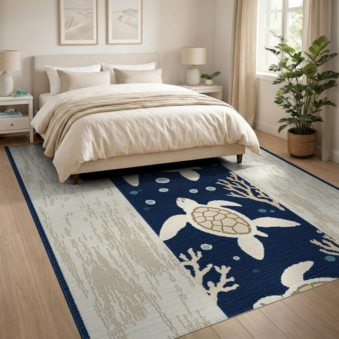 Coastal Beach Coastal Sea Turtle Navy Area Rug
