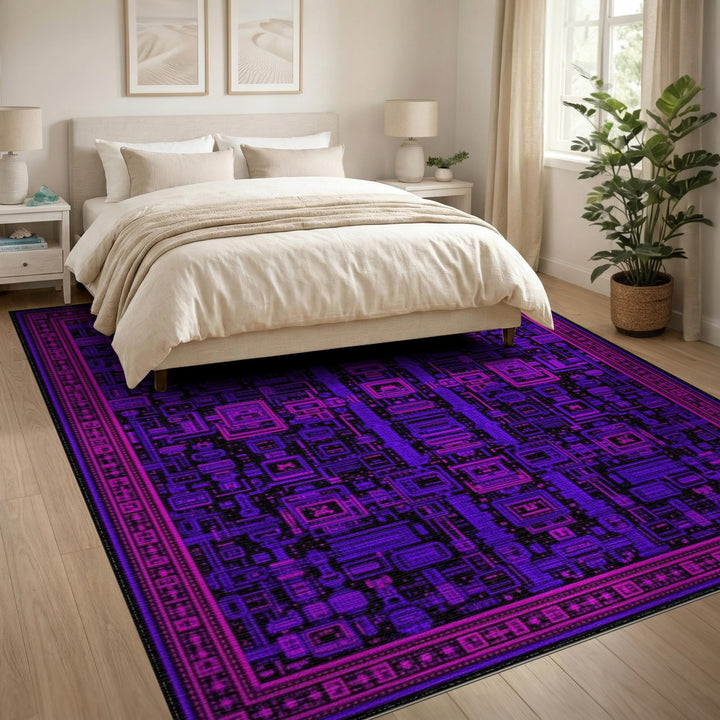 Purple Pixel Circuit Area Rug