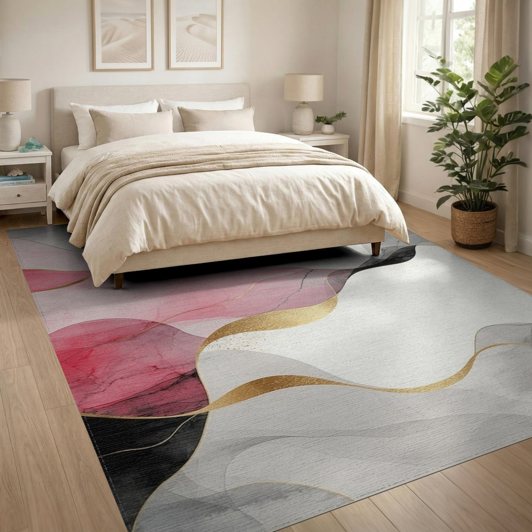 Pink Gold Fluid Wave Abstract Area Rug