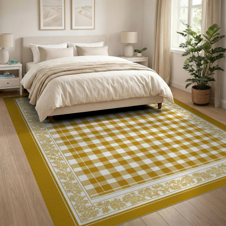 Yellow Gingham Checkered Rug with Floral Border