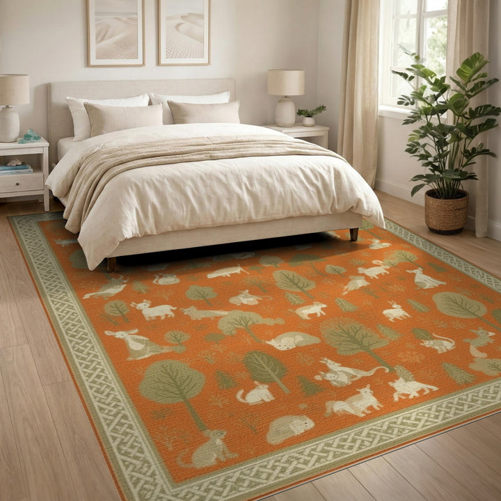 Orange Woodland Animals Area Rug