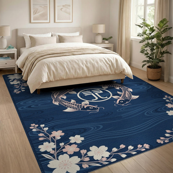 Blue Koi Fish Sakura Washable Area Rug