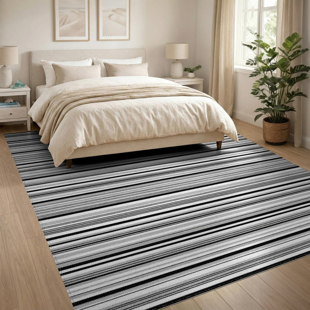 Black White Horizontal Stripe Geometric Area Rug