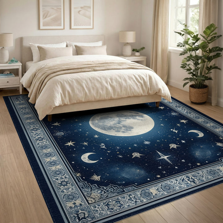 Vintage Blue Celestial Moon Area Rug