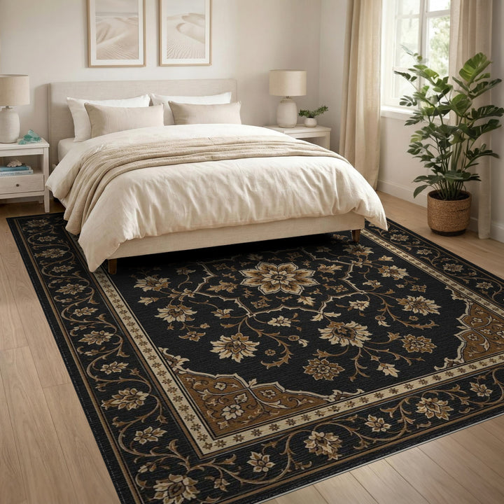 Black and White Black Floral Medallion Persian Area Rug