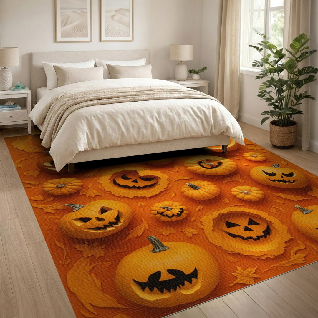 Orange Pumpkin Patch Jack-o'-Lantern Area Rug