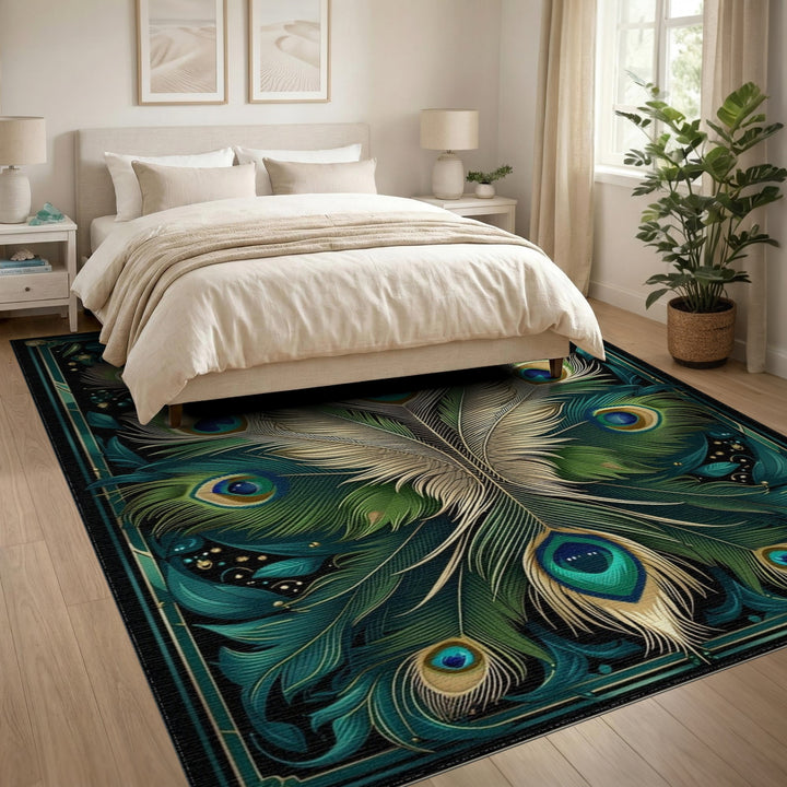 Blue and Teal Peacock Feather Blue Teal Area Rug