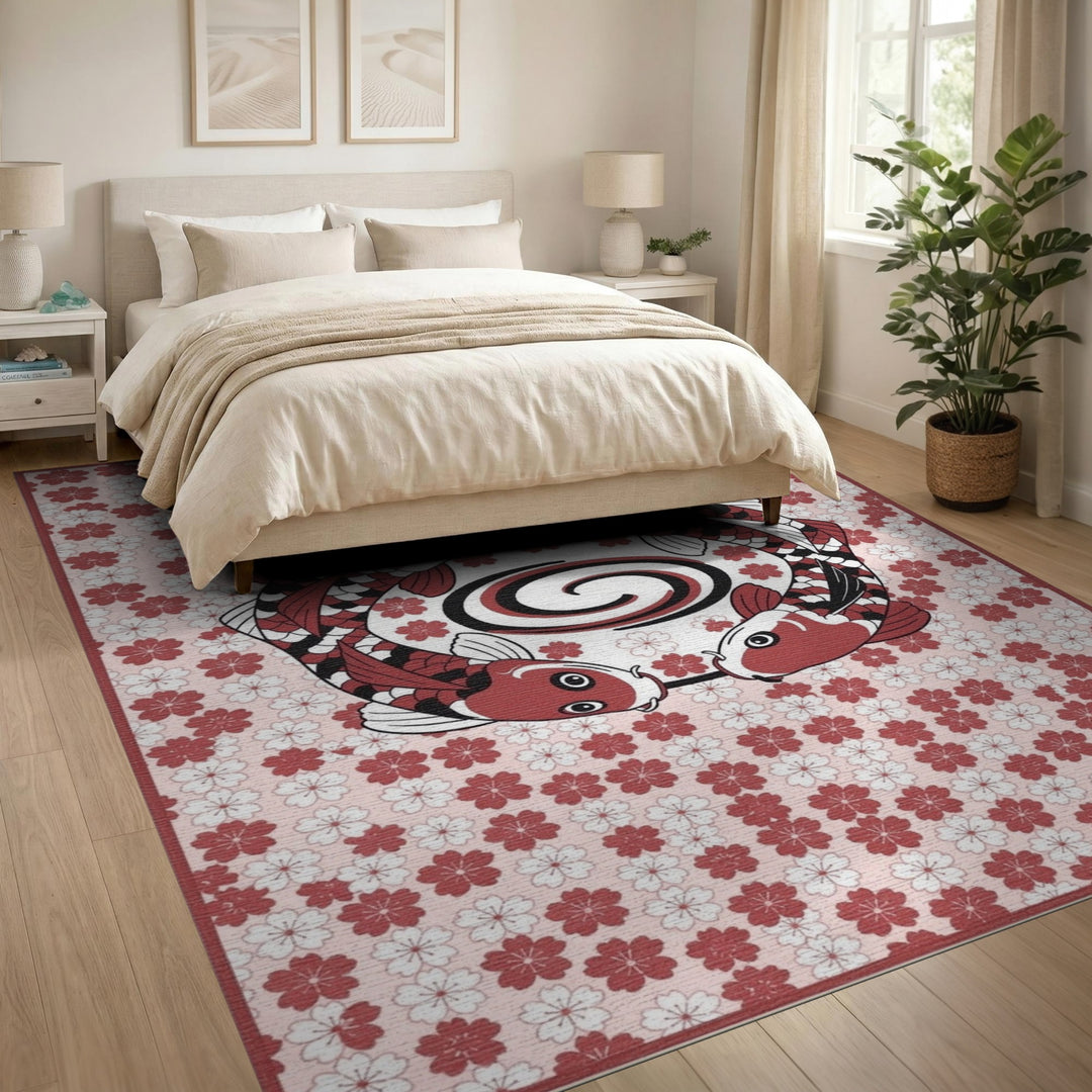 Koi Fish Circle Pink Floral Rug
