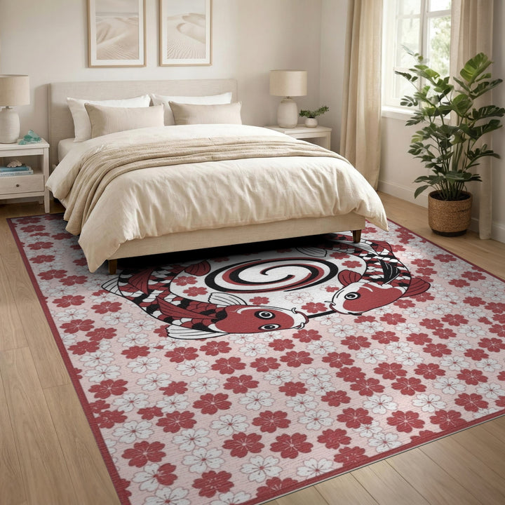 Koi Fish Circle Pink Floral Rug