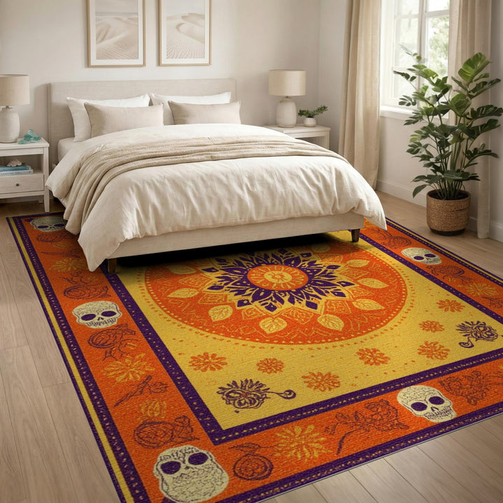 Vibrant Orange Mandala Skull Boho Rug