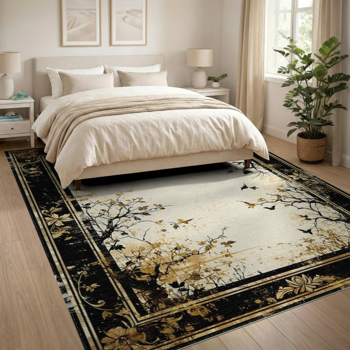 Distressed Vintage Butterfly Branch Beige Area Rug