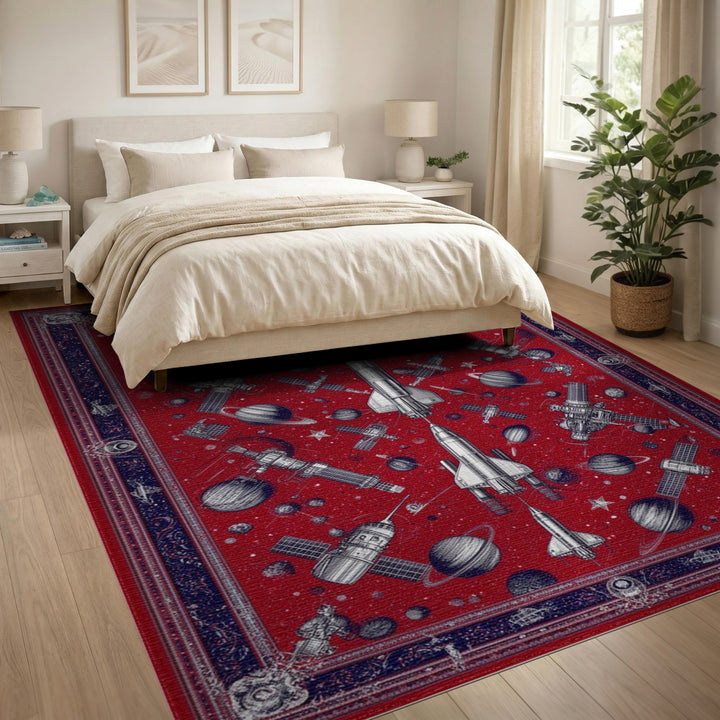 Red Space Rocket Washable Area Rug