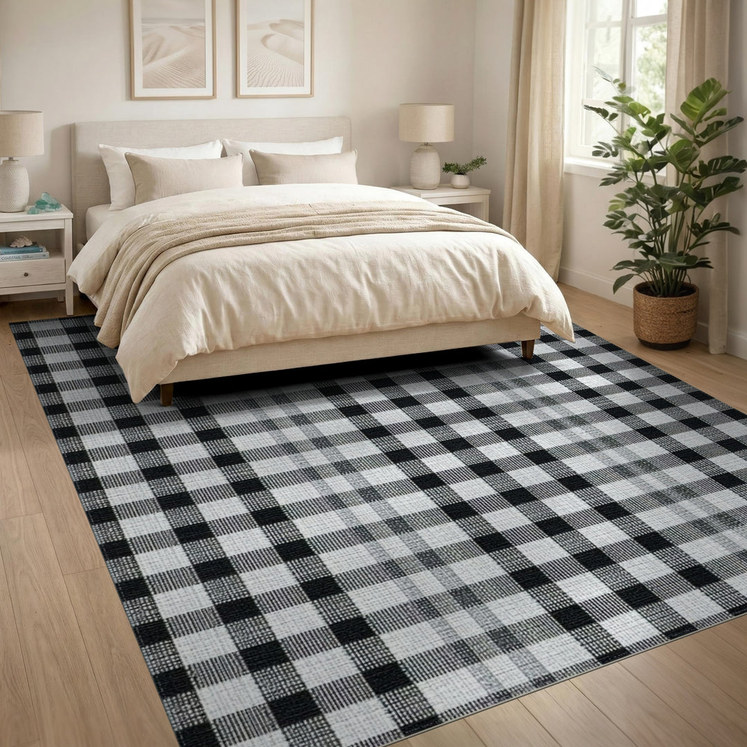 Black and White Checkered Washable Area Rug