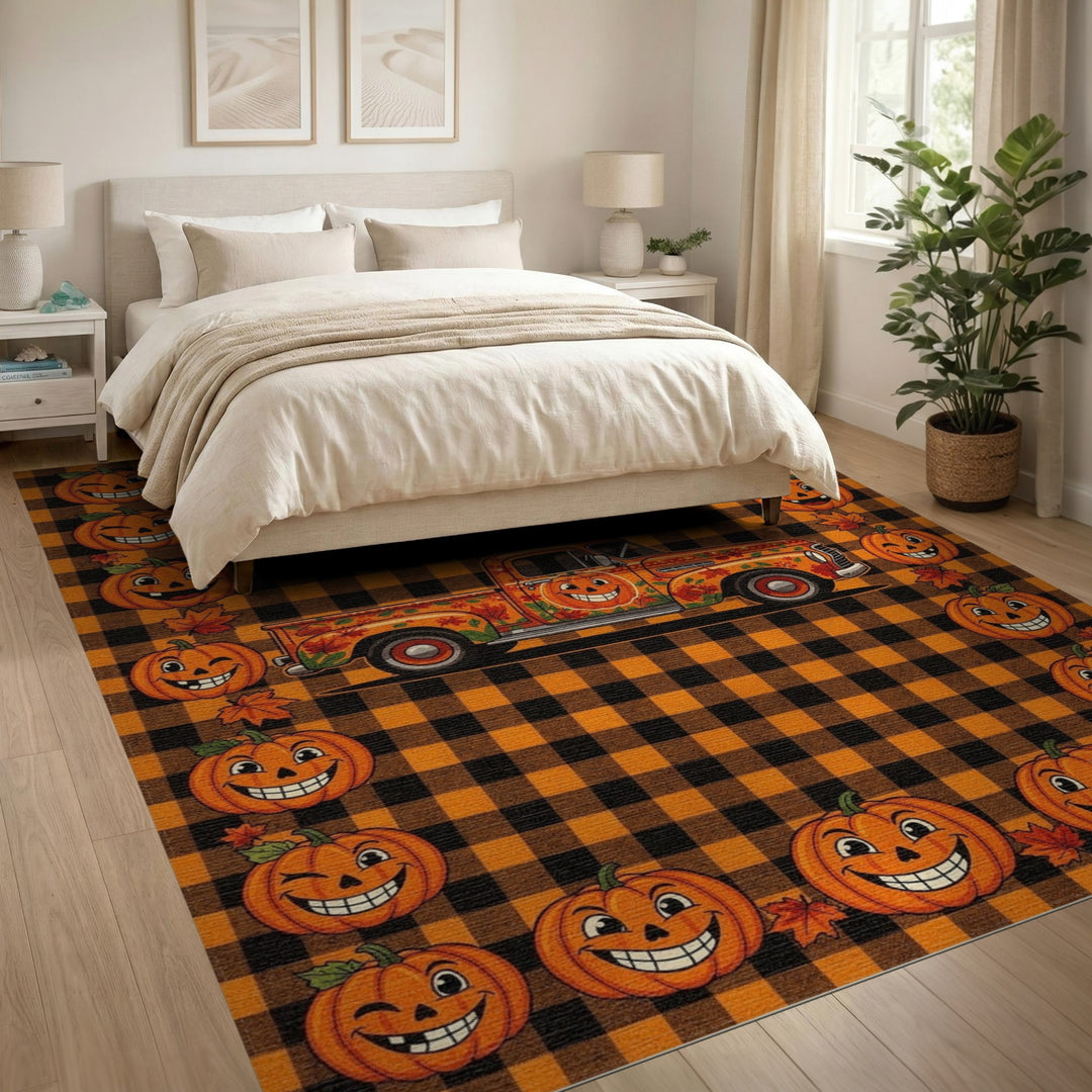 Smiling Pumpkin Truck Orange Checkered Area Rug