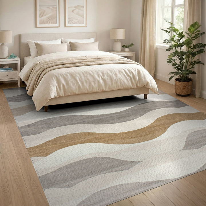 Beige and Neutral Layered Wave Beige Neutral Area Rug