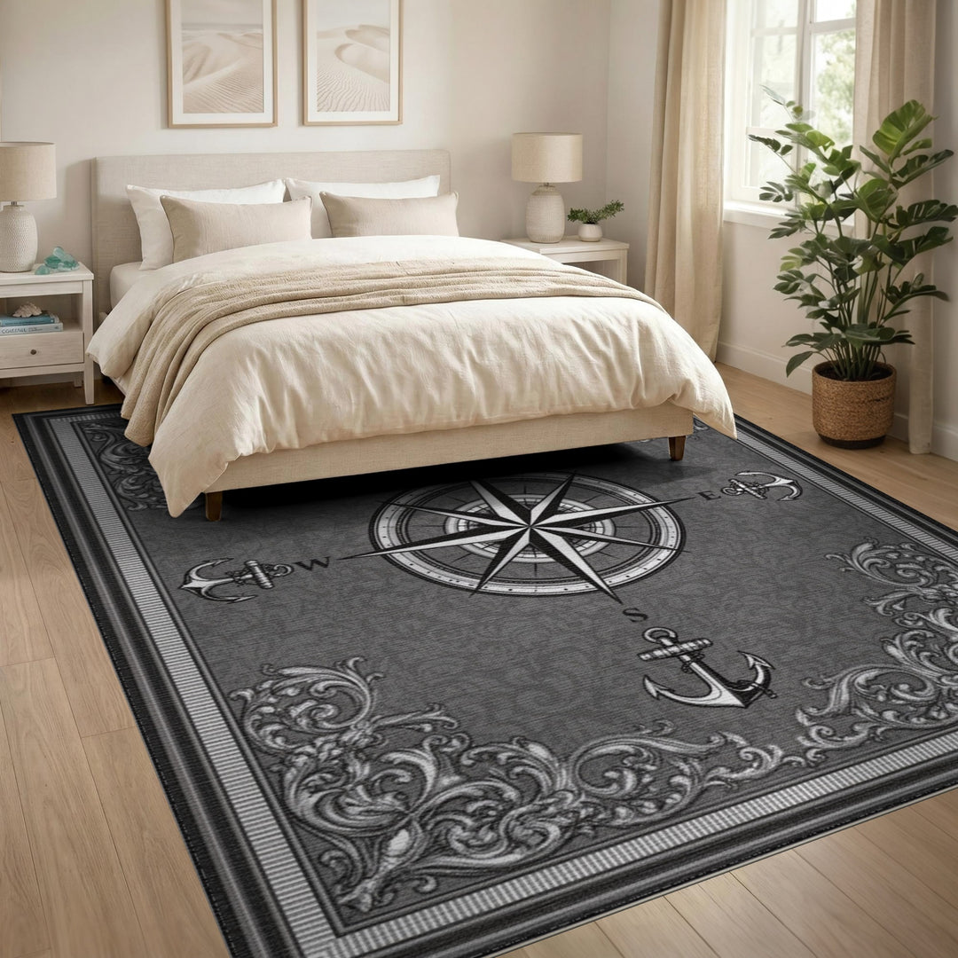 Black White Nautical Compass Anchor Area Rug