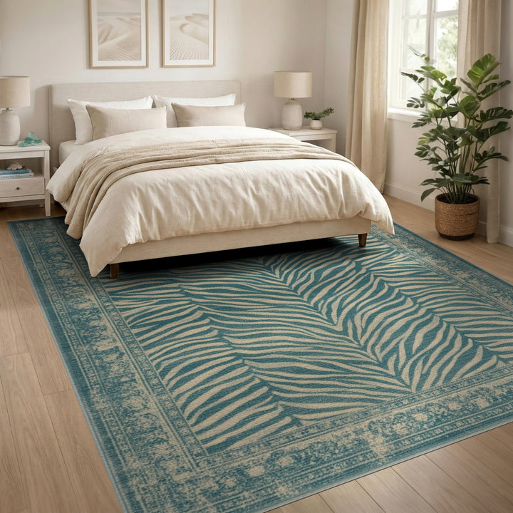 Blue Teal Zebra Stripe Distressed Vintage Area Rug
