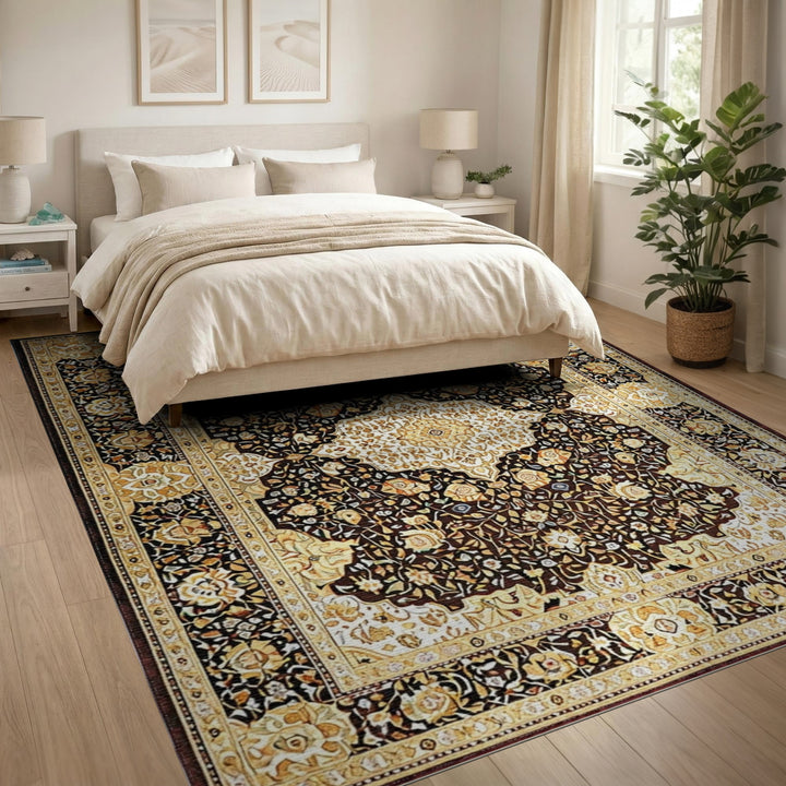 Black Ivory Persian Floral Medallion Rug