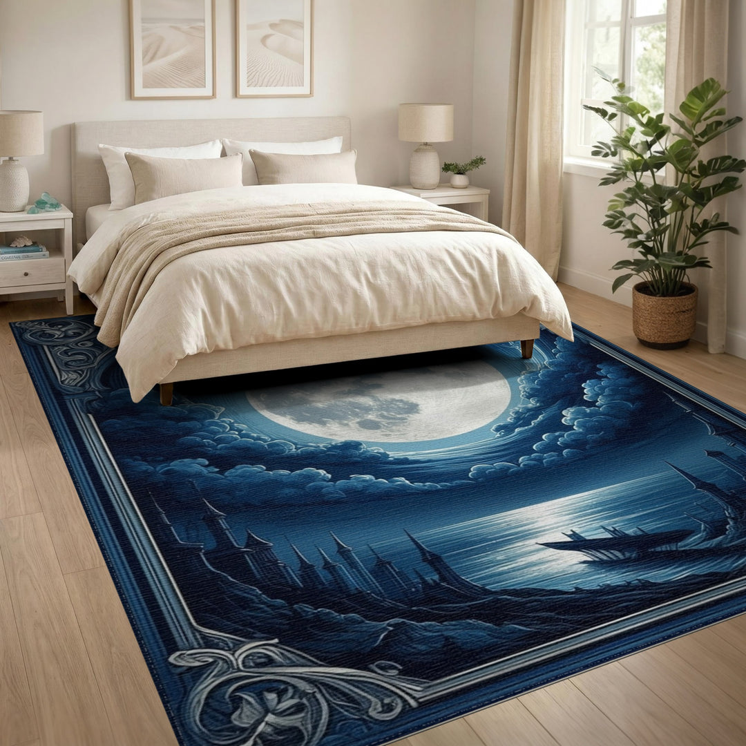 Blue Moonlit Coastal Ruins Area Rug