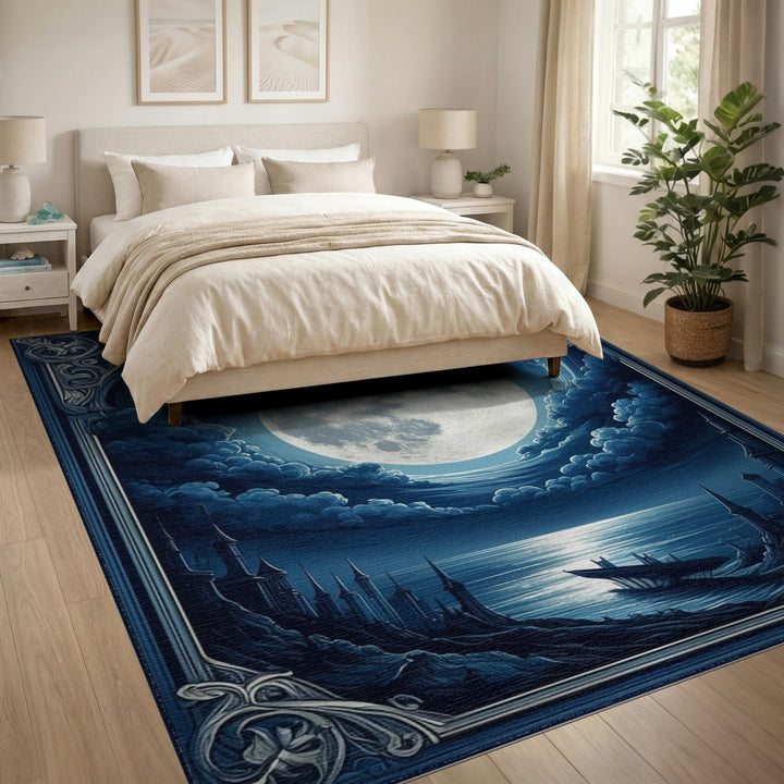 Blue Moonlit Coastal Ruins Area Rug